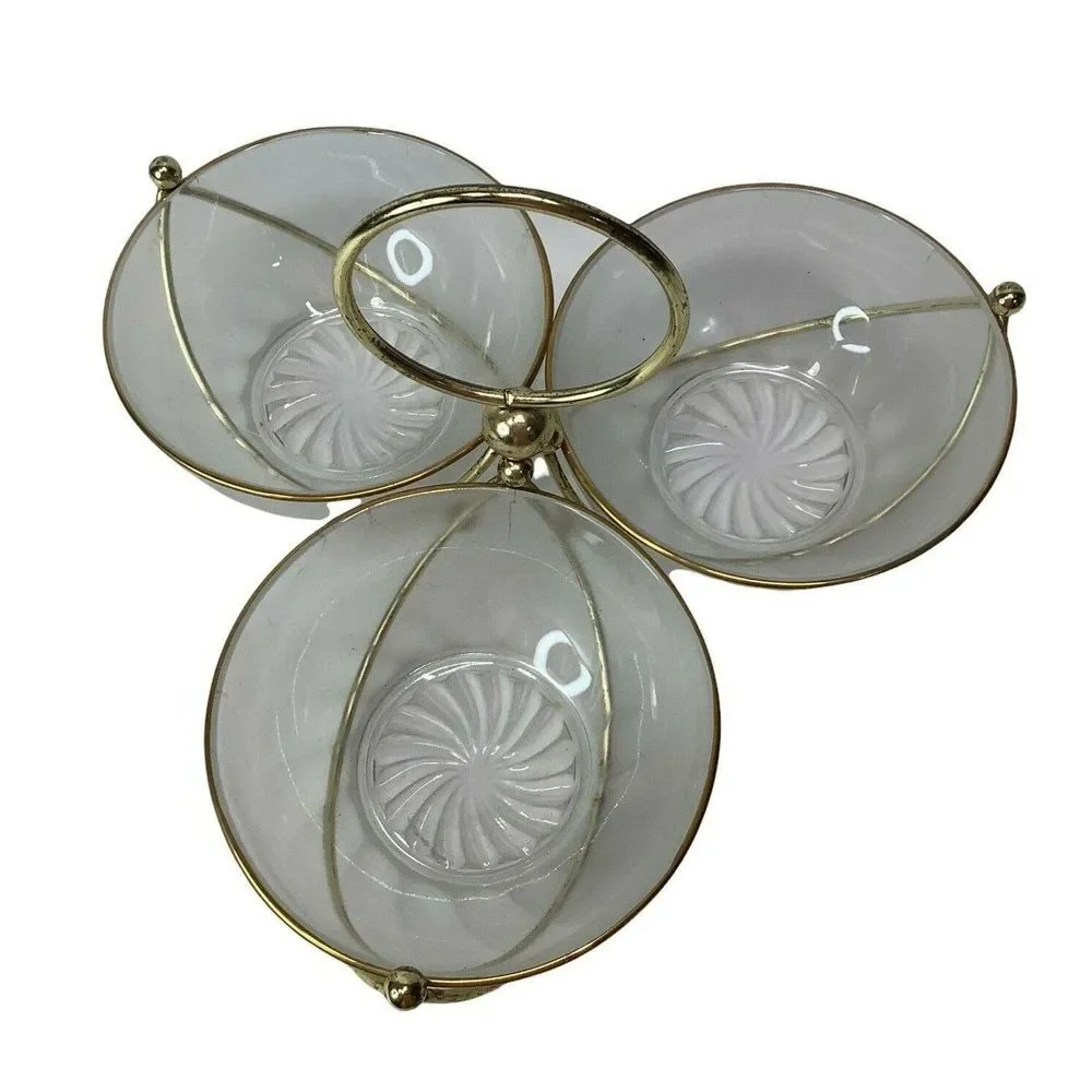 Vintage Libbey MCM Glass Gold Relish Condiment 3 Bowl Set Metal‎ Gold tone Caddy